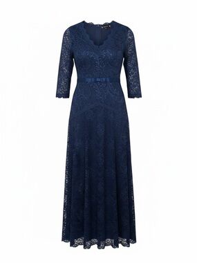 Miusol Navy Lace V-Neck Long Sleeve Evening Dress